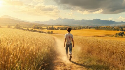 Obraz premium Boy with facial scar walks along a dirt path in the countryside dust rising as golden fields stretch to distant mountains in the background