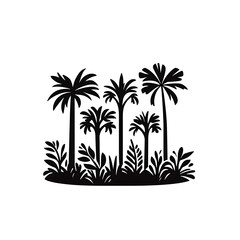 Stylized black silhouette of palm trees and tropical plants.