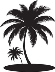 Silhouette of a Palm Tree with Curved Trunk and Fronds on White Background tropical island