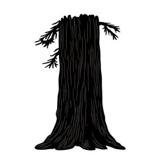 Silhouette of a tall, old tree trunk with small branches.