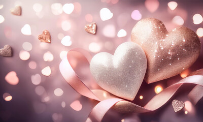 Fototapeta premium Valentine's Day composition with two pile of soft pink and glitter hearts, flowing satin ribbon, and glowing heart-shaped bokeh lights in warm pastel tones, creating a romantic and festive ambiance.