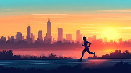 Illustration of a runner moving in the morning With a view of the city skyline as the backdrop. and the sunrise in the distance It shows energy and vitality.