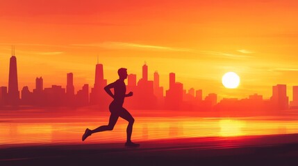Illustration of a runner moving in the morning With a view of the city skyline as the backdrop. and the sunrise in the distance It shows energy and vitality.