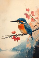 a kingfisher bird relaxing on a branch tree