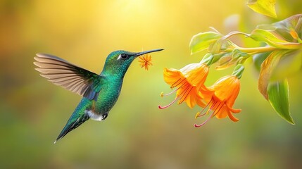 Fototapeta premium A vibrant hummingbird hovering near bright orange flowers in a soft, blurred background.