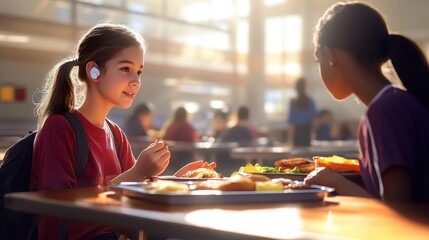 A teenage girl with a hearing aid chatting with a classmate at a cafeteria colorful trays of food