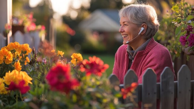 A woman with a hearing aid laughing while talking to her neighbor over a garden fence