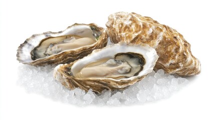 Naklejka premium Two fresh oysters on ice, half-shell, close-up.