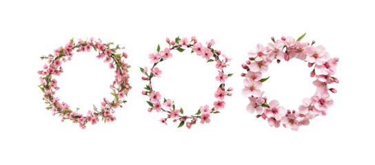 Pink peach blossom wreath with round shape on white background