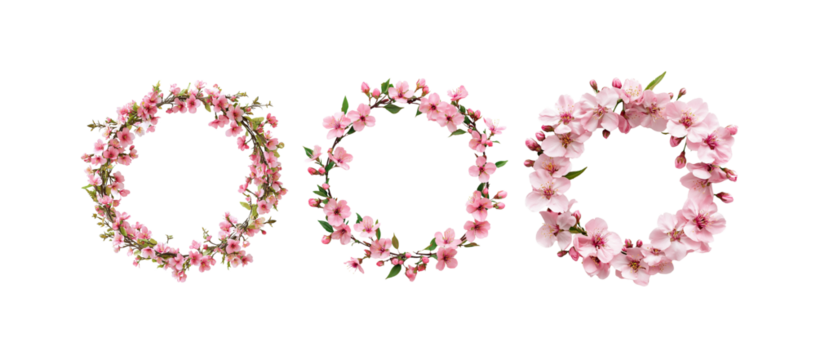 Pink peach blossom wreath with round shape on white background