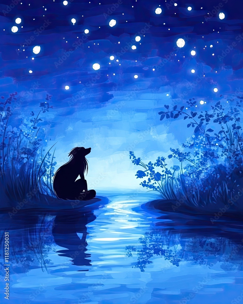 Wall mural A serene night scene featuring a silhouette by a river under a starry sky.