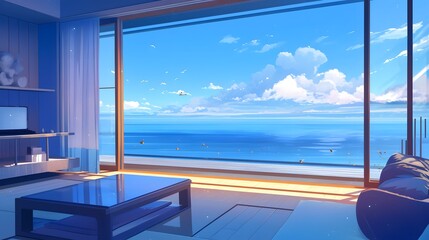 Obraz premium Hotel interior with panoramic sea view through large windows, animated scene