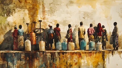A queue of people with empty water containers near a rusty public tap.
