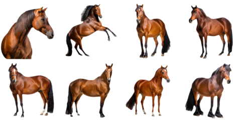Eight Brown Horses in Different Poses Against a Black Background