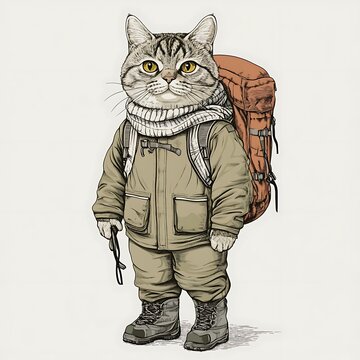 Cat dressed for an outdoor adventure with backpack.