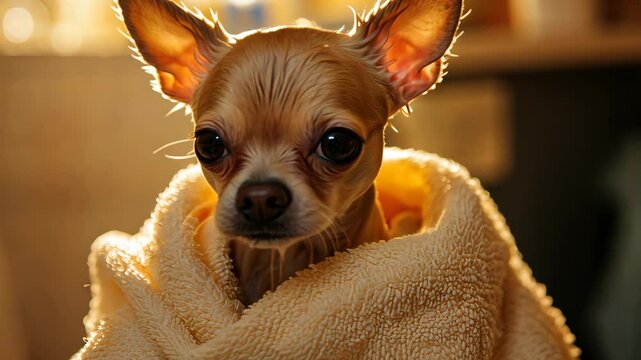 Chihuahua wrapped in a towel with wet fur after bath time at home