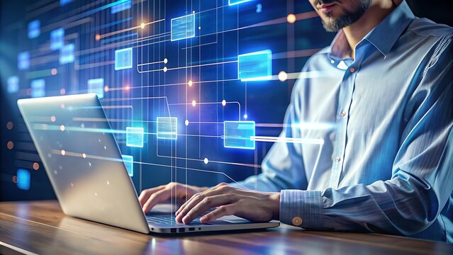Hombre de negocios que usa una computadora port&aacute;til con brillantes im&aacute;genes de blockchain y claves digitales. Especialista en ciberseguridad que analiza contratos inteligentes y transacciones financie