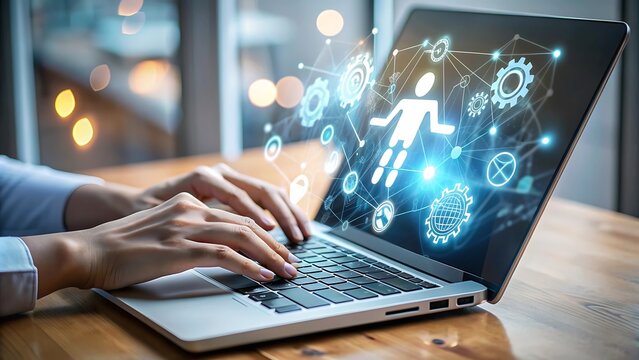 Mecanograf&iacute;a profesional enfocada en una computadora port&aacute;til con &iacute;conos flotantes de an&aacute;lisis Six Sigma. Empresario trabajando en la mejora de procesos, analizando datos y optimizando la eficiencia.