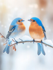 Obraz premium A pair of bluebirds sitting closely together on a snow-covered branch, creating a serene and picturesque moment in the heart of winter. Perfect for seasonal cards.