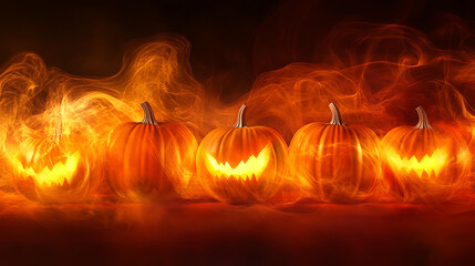 Five glowing jack-o'-lanterns with menacing expressions surrounded by swirling orange smoke.