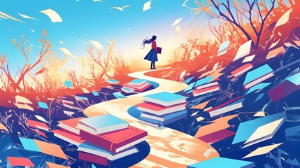 Illustration of a colorful path surrounded by books, representing the journey of knowledge and learning