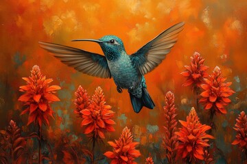 Obraz premium Vibrant hummingbird hovering near bright red flowers in lush tropical setting