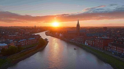 Fototapeta premium Majestic Sunset over the River: Breathtaking Panoramic Cityscape at Golden Hour