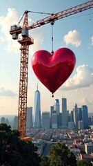 A construction crane lifting a big red heart, against the backdrop of a metropolis. Perfect for a Valentine's Day greeting.