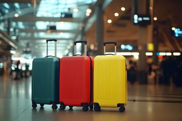 Set of Vibrant Hard-Shell Luggage in Blue, Red, and Yellow Displayed in a Modern Airport Terminal

