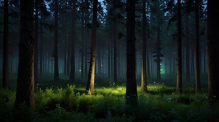 Obraz premium Tranquil Evergreen Forest At Dusk, With Fireflies Glowing Softly Between The Trees