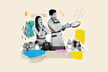 Composite creative art collage of two happy girl guy family cooking popcorn snack romantic dinner...