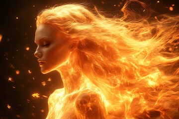 Woman Embodied In Fiery Orange Flames