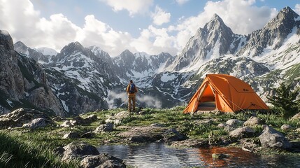 Tourist Tent and Sportsman in Mountains During Summer