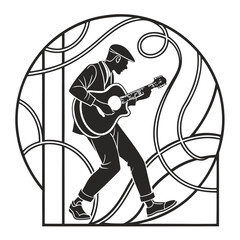 a silhouette line art of a man playing the guitar