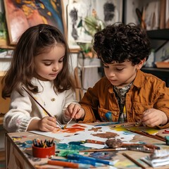Fototapeta premium A photo of siblings painting pictures together at a small table filled with art supplies