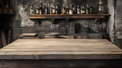 A rustic countryside bar background featuring a wooden table board in foreground, perfect for creating a display mock-up and generating ideas  