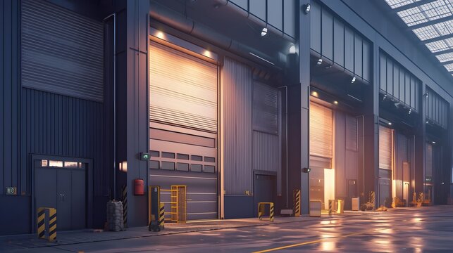 Industrial warehouse featuring robust metal design and large roller doors