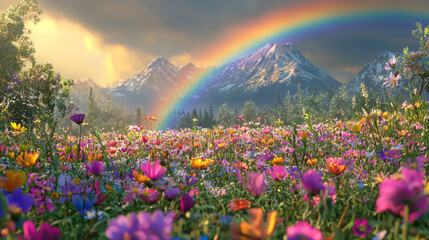 A vibrant rainbow arcs over a colorful field of wildflowers