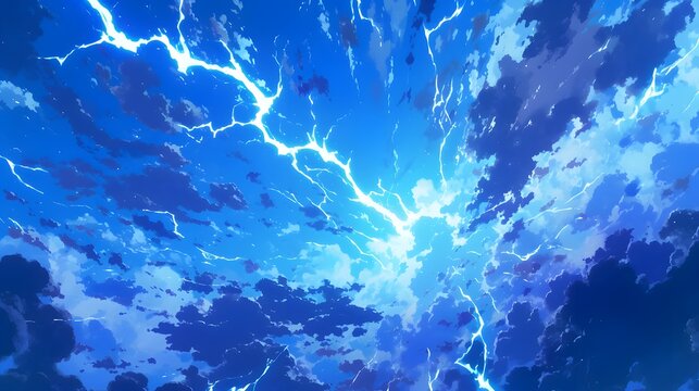 Intense anime thunderstorm with dramatic lightning and swirling clouds