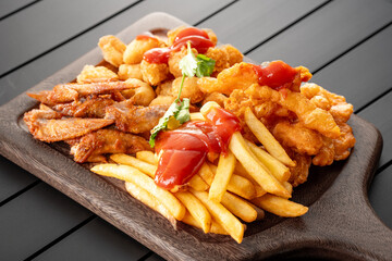 Fried chicken and French fries are placed on a wooden board