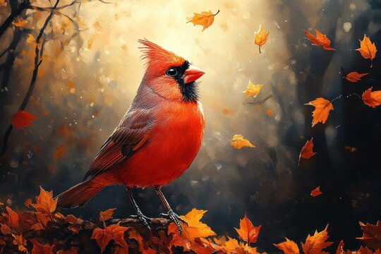 Bright red cardinal perched among vibrant autumn leaves in a tranquil forest setting during golden hour