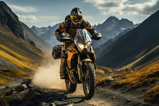 A lone motorcyclist navigates a rugged mountain pass. The rider is equipped with safety gear, and dust rises from the wheels of the motorcycle as it tackles the challenging terrain.