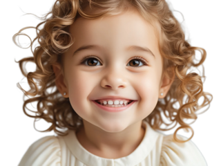 Studio portrait of a cute happy little girl with a beautiful smile isolated on transparent background.