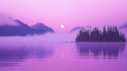 Misty Purple Sunrise: Serene Island and Mountain Reflection