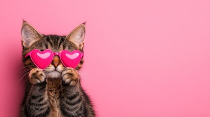 Adorable British cat with heart-shaped pink glasses, vibrant pink backdrop, fun and whimsical theme
