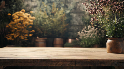 A rustic countryside bar background featuring a wooden table board in foreground, perfect for creating a display mock-up and generating ideas  