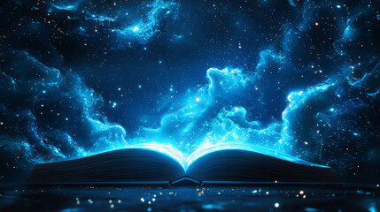 Open book with cosmic sky and glowing stars magic
