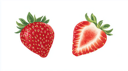 A red strawberry and its sliced half in flat vector style, presented with a crisp, white background for a bright, refreshing design.