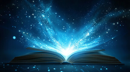 Open book with magical blue sky and sparkling stars