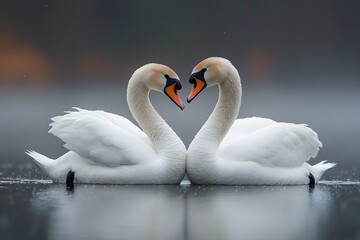 Obraz premium Romantic Swan Pair Heart Formation on Tranquil Water